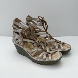Fly London Yuke Perforated Gladiator Silver Lace Up Wedge Sandals